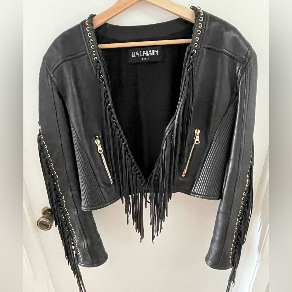 Balmain Paris Genuine Lamb Skin Biker Leather Jacket Size 42 FR